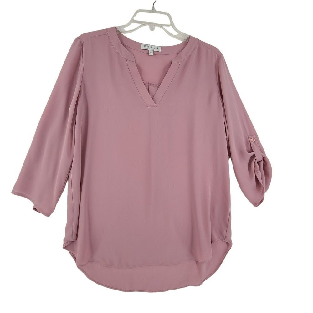 Chaus New York Pleated Front Tab V- Neck Top lavender Size M
